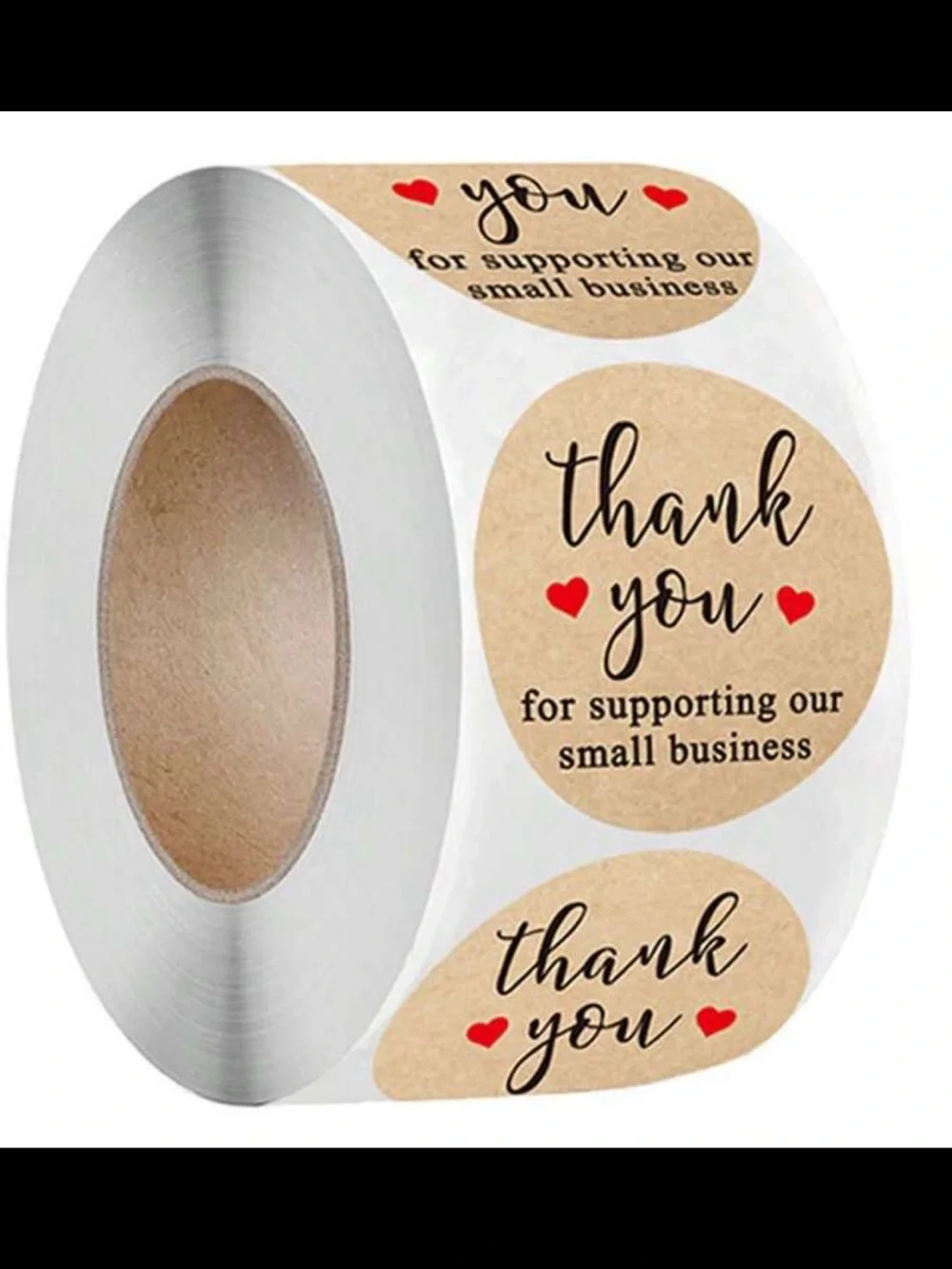 Thank You Sticker Roll with Black Text & Red Heart Accents on Tan - 500 ct.
